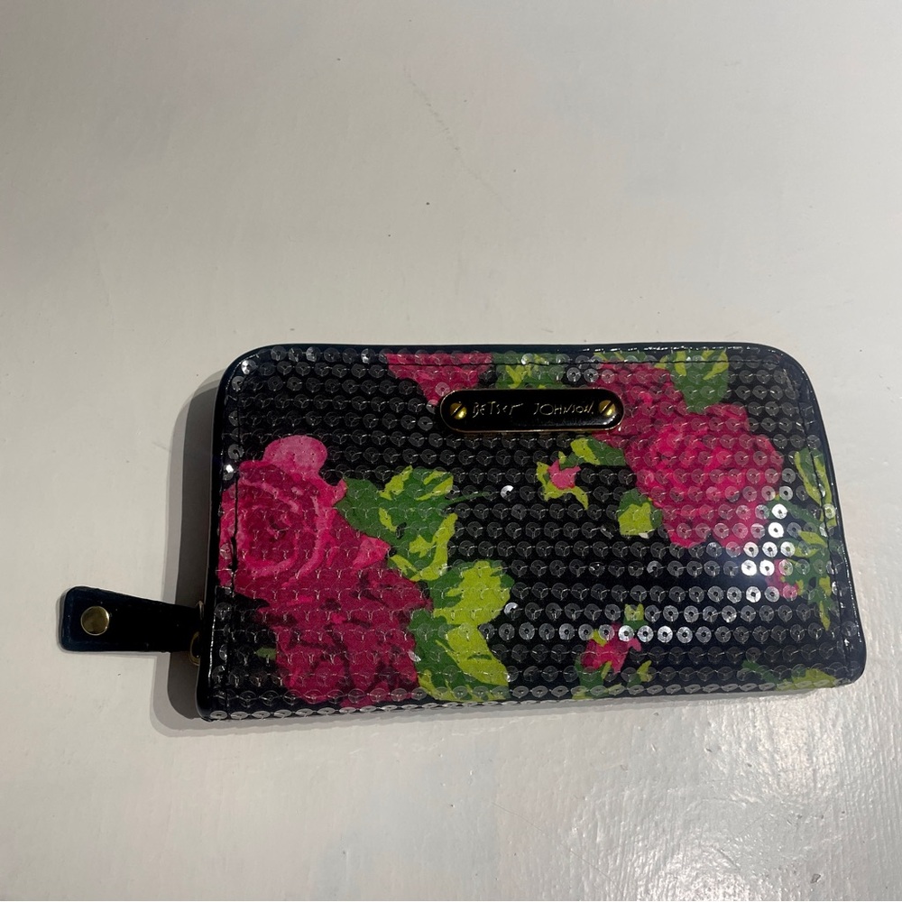 Betsey Johnson Floral Sequin Wallet Pink Rose Black